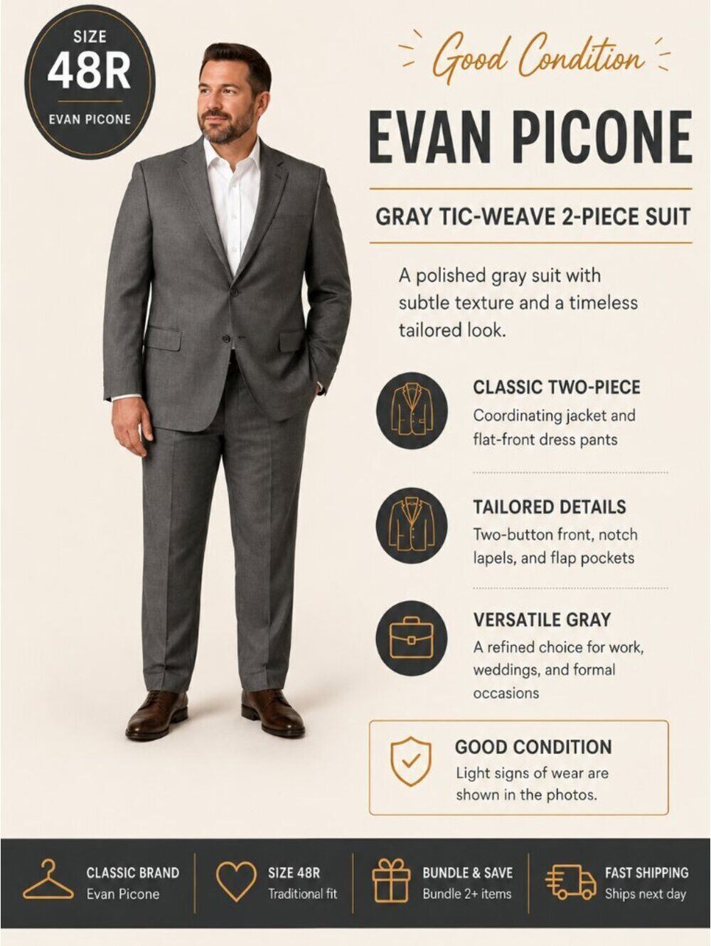 Evan Picone | 48R Gray Tic Weave 2-Piece Suit